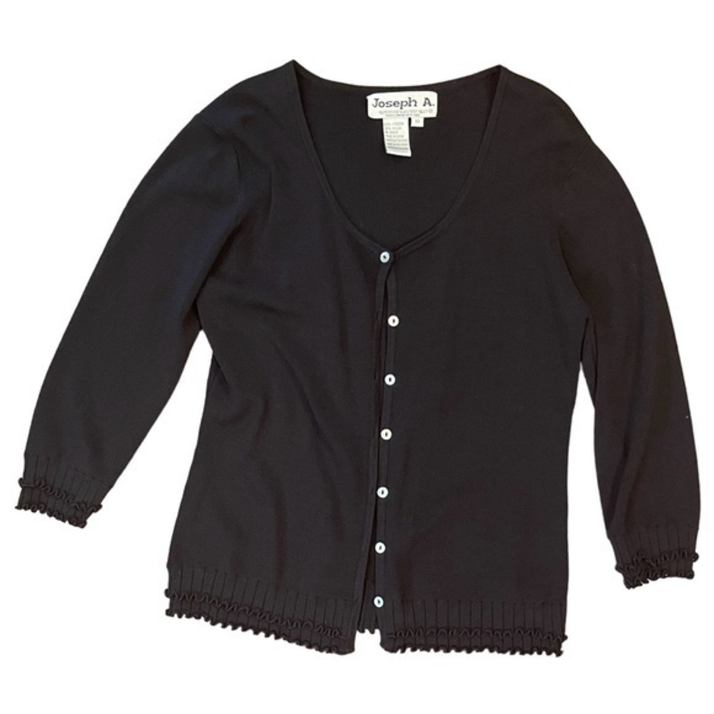 Joseph A Sweater Black Ruffle 3/4 Sleeve Button Up Sz M Y2K‎ Pearl Button Vtg